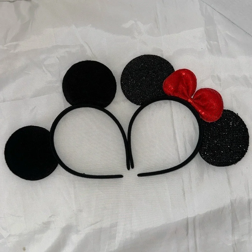 Set of 2 Mouse Ears Headbands Black Velvet Sparkle Red Sequin Bow Party Supplies